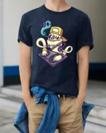 Funky DJ Ghost Monster Shaggy Yellow Creature Graphic Tee - model wearing navy tee with hands in pockets