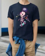 Clumsy Skeleton Skater Bowling Ball Accident Graphic Tee - model wearing navy tee with hands in pockets