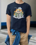 Tropical Skeleton Hand Coconut Cocktail Beach Graphic Tee - model wearing navy tee with hands in pockets