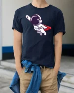 Heroic Space Voyager Superhero Red Cape Graphic Tshirt - model wearing navy tee with hands in pockets