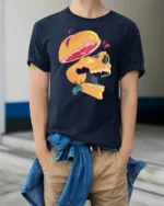 Surreal Sliced Grapefruit Skull Artistic Graphic Tshirt - model wearing navy tee with hands in pockets