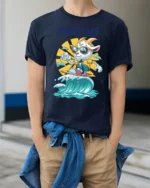 Chill Surfing Goat Retro Sunset Waves Graphic Tshirt - model wearing navy tee with hands in pockets