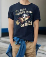 Witty Space Dog Genius Human Brain Slogan Graphic Tshirt - model wearing navy tee with hands in pockets
