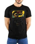 Nostalgic 80s Cassette Tape Memories Retro Graphic Tshirt - model wearing black tee with hands behind back