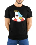 Jolly Shark Summer Vacation Hawaiian Shirt Graphic Tee - model wearing black tee with hands behind back