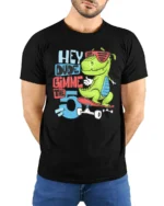 Radical Skater T Rex Hey Dude Gimme The 5 Graphic Tshirt - model wearing black tee with hands behind back