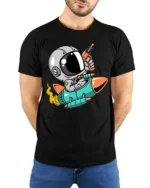 Galactic Astro Rider Rocket Ship Ray Gun Graphic Tshirt - model wearing black tee with hands behind back
