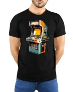 Retro Arcade Machine Joystick Classic Gaming Graphic Tshirt - model wearing black tee with hands behind back