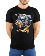 Cosmic Memento Mori Astronaut Skull Retro TV Graphic Tee - model wearing black tee with hands behind back
