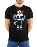 Groovy Boombox Skull B Boy Retro Hip Hop Style Graphic Tee - model wearing black tee with hands behind back