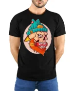 Dynamite Biting Bearded Skull Run Fast Graphic Tshirt - model wearing black tee with hands behind back