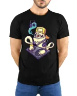 Funky DJ Ghost Monster Shaggy Yellow Creature Graphic Tee - model wearing black tee with hands behind back