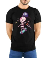 Clumsy Skeleton Skater Bowling Ball Accident Graphic Tee - model wearing black tee with hands behind back