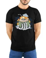 Tropical Skeleton Hand Coconut Cocktail Beach Graphic Tee - model wearing black tee with hands behind back