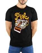 Vintage Camera Character Pik Photographe Graphic Tshirt - model wearing black tee with hands behind back
