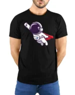Heroic Space Voyager Superhero Red Cape Graphic Tshirt - model wearing black tee with hands behind back