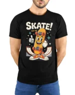 Rad Skater Boy Cartoon Skate 1959 Retro Graphic Tshirt - model wearing black tee with hands behind back
