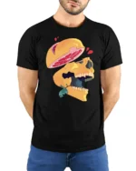 Surreal Sliced Grapefruit Skull Artistic Graphic Tshirt - model wearing black tee with hands behind back