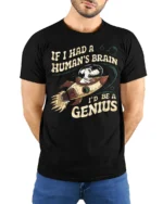 Witty Space Dog Genius Human Brain Slogan Graphic Tshirt - model wearing black tee with hands behind back