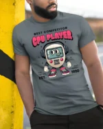 Pro Gamer CPU Player Robot Vintage 1990 Style Graphic Tshirt - model wearing grey tee, leaning on column