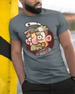 Salty Old Sea Captain Pipe Smoking Sailor Graphic Tshirt - model wearing grey tee, leaning on column