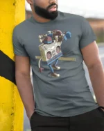 Walking Boombox Hip Hop Beats Retro Music Graphic Tshirt - model wearing grey tee, leaning on column