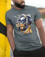Cosmic Memento Mori Astronaut Skull Retro TV Graphic Tee - model wearing grey tee, leaning on column