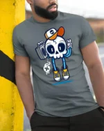 Groovy Boombox Skull B Boy Retro Hip Hop Style Graphic Tee - model wearing grey tee, leaning on column