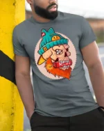 Dynamite Biting Bearded Skull Run Fast Graphic Tshirt - model wearing grey tee, leaning on column