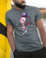 Clumsy Skeleton Skater Bowling Ball Accident Graphic Tee - model wearing grey tee, leaning on column