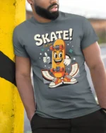 Rad Skater Boy Cartoon Skate 1959 Retro Graphic Tshirt - model wearing grey tee, leaning on column