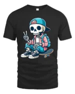 Cool Skater Skeleton Peace Sign Street Style Graphic Tee - black t-shirt on white background