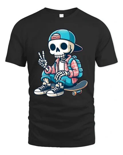 Cool Skater Skeleton Peace Sign Street Style Graphic Tee - black t-shirt on white background