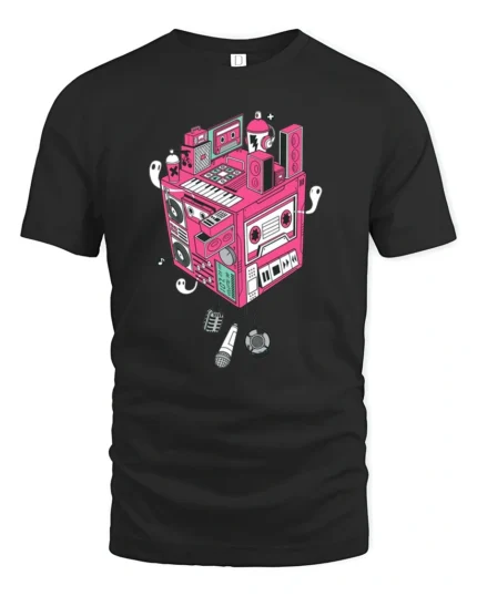Retro Musical Cube Beats Pink Cassette Tape Graphic Tshirt - black t-shirt on white background