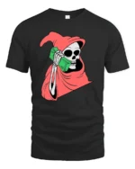 Bold Money Reaper Cash Calling Red Cloak Graphic Tee - black t-shirt on white background