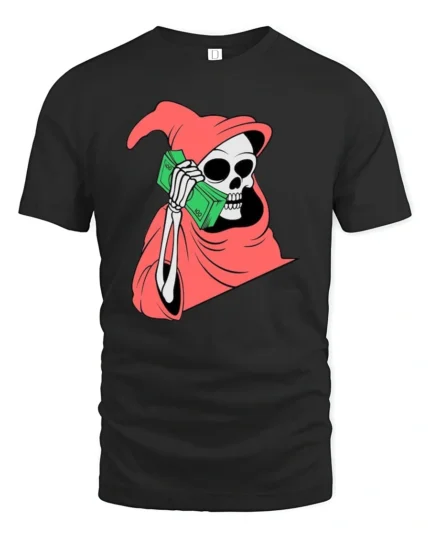 Bold Money Reaper Cash Calling Red Cloak Graphic Tee - black t-shirt on white background