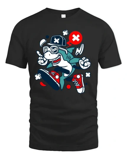 Radical Street Style Shark Snazzy Sneaker Graphic Tee - black t-shirt on white background