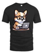 Smart Tech Corgi Puppy Coding Laptop Nerd Graphic Tshirt - black t-shirt on white background