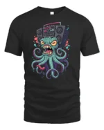 Loud Octopus Retro Boombox Street Art Graphic Tshirt - black t-shirt on white background