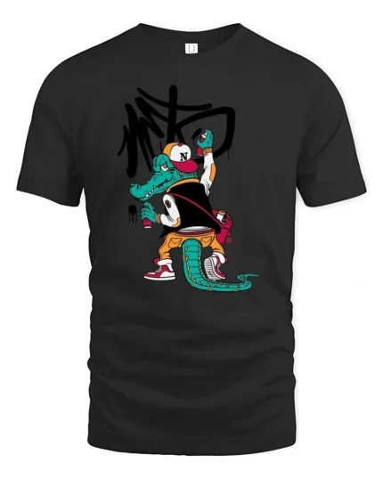 Graffitied Alligator Street Artist Varsity Jacket Graphic Tee - black t-shirt on white background