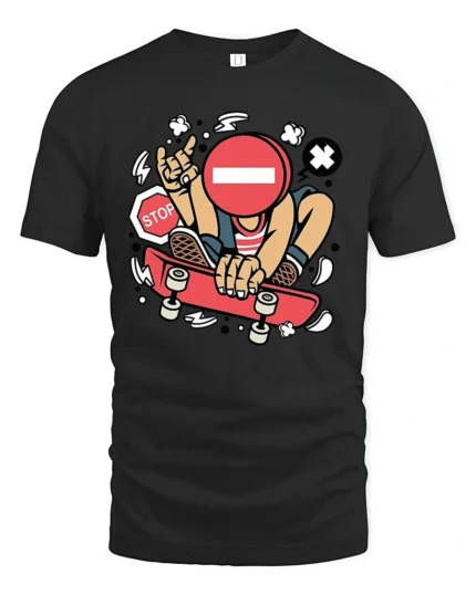Rebel Skater Stop Sign Head Street Art Graphic Tshirt - black t-shirt on white background
