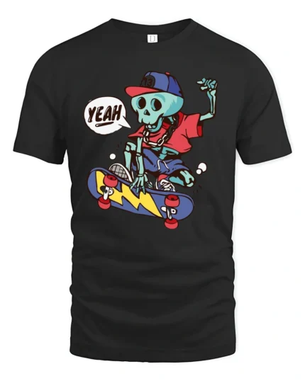 Radical Skateboarding Skeleton Blue Bones Graphic Tshirt - black t-shirt on white background