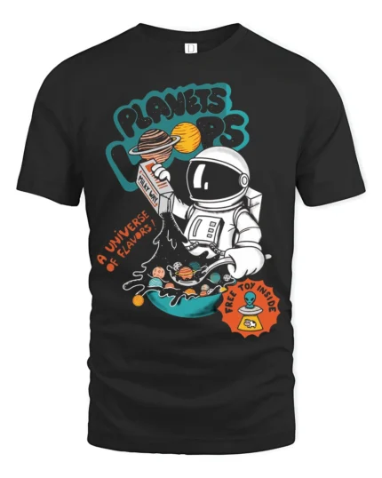 Cosmic Cereal Astronaut Milky Way Space Graphic Tshirt - black t-shirt on white background