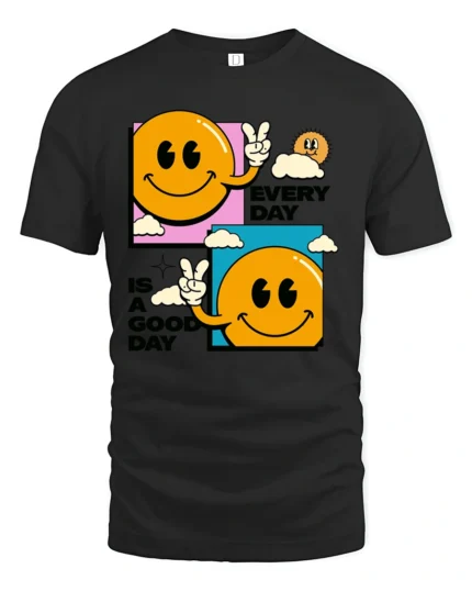 Cheerful Smiley Face Peace Sign Every Day Good Day Tshirt - black t-shirt on white background