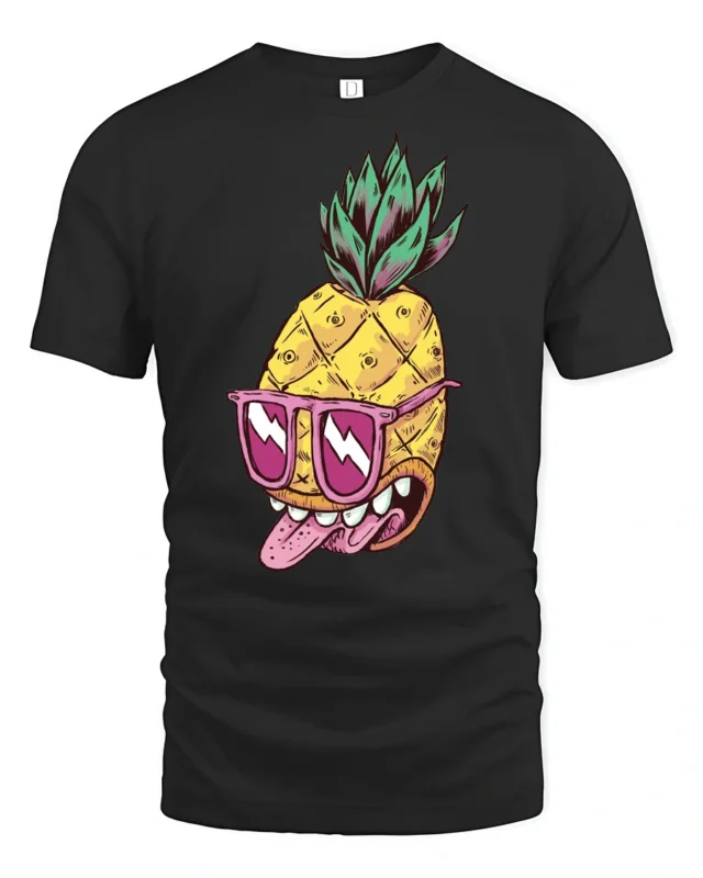 Zesty Pineapple Rockstar Pink Sunglasses Graphic Tshirt - black t-shirt on white background