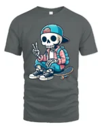 Cool Skater Skeleton Peace Sign Street Style Graphic Tee - gray t-shirt on white background