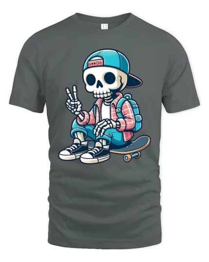 Cool Skater Skeleton Peace Sign Street Style Graphic Tee - gray t-shirt on white background