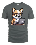 Smart Tech Corgi Puppy Coding Laptop Nerd Graphic Tshirt - gray t-shirt on white background