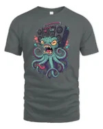 Loud Octopus Retro Boombox Street Art Graphic Tshirt - gray t-shirt on white background