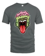 Brainy Undead Zombie Sticking Tongue Out Graphic Tshirt - gray t-shirt on white background